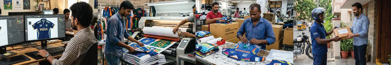 Behind the scenes collage showing design print packing and delivery